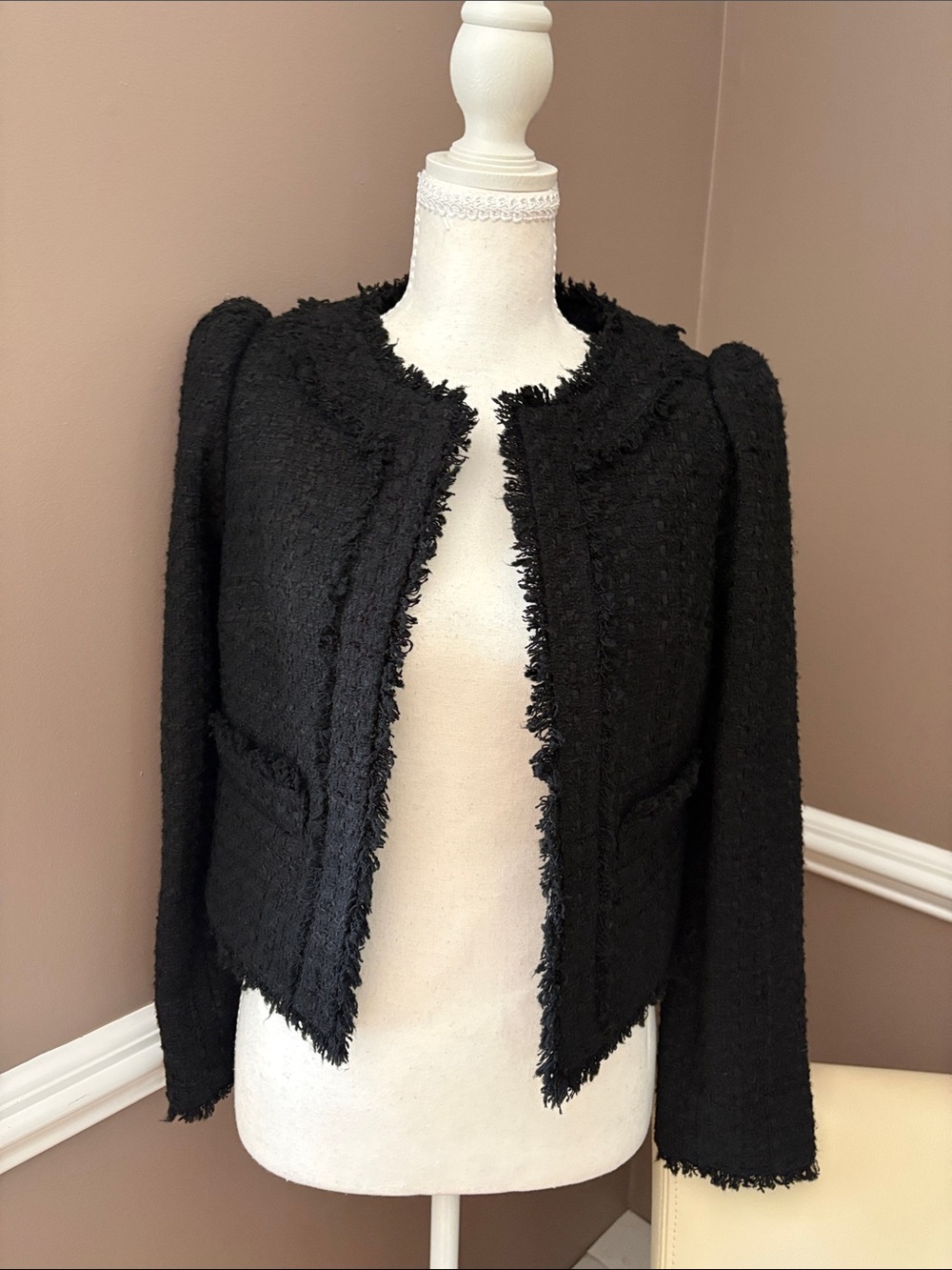 Express Black Textured Fringe Trim Cropped Blazer